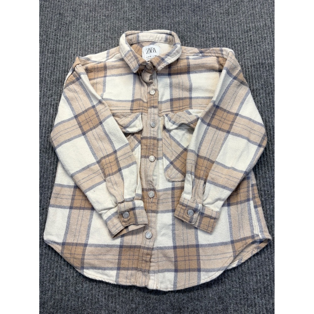 ZARA Kids Girls Plaid Shacket Shirt Jacket Size 9-10 Beige Cream Overshirt